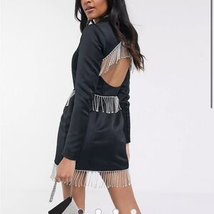 ASOS DESIGN Luxe satin mini tux dress w/ rhinestone embellished fringe sz 2